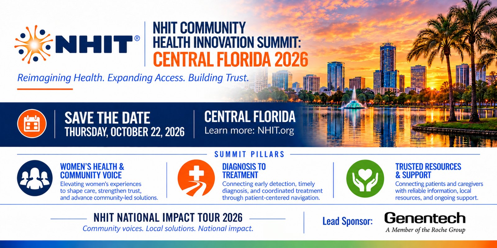 NHIT Community Health Innovation Summit: Central Florida 2026 — Save the date, Thursday, October 22, 2026. Lead sponsor Genentech.